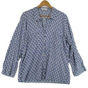 Women 1X Thin Light White & Navy Print Roll Sleeve Button Up Shirt Rayon Linen